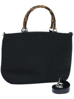 GUCCI Bamboo Hand Bag Canvas 2way Black Gold